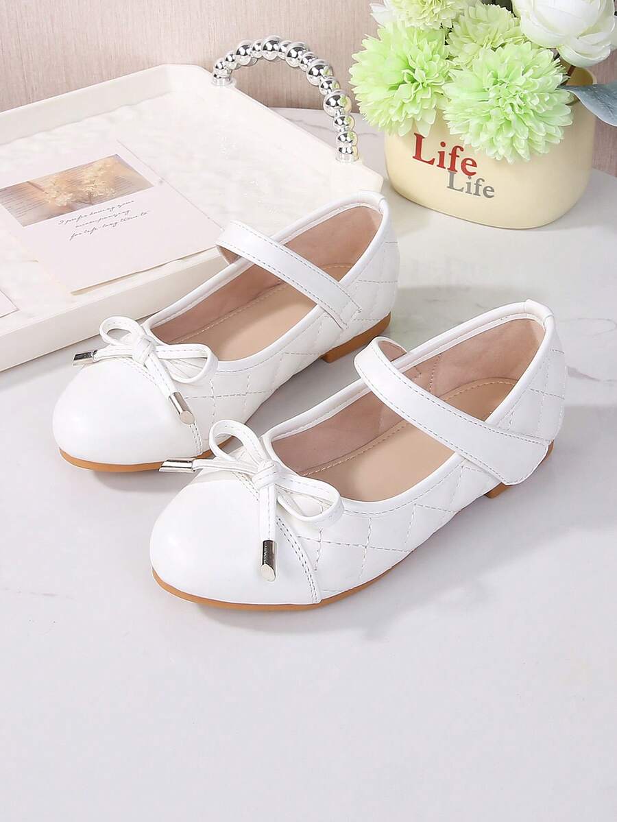 Girls' Mary Jane Fashion Versatile Plaid Splicing Bow Decor High-End Party Wedding Dance Flat Shoes - White - View 1
