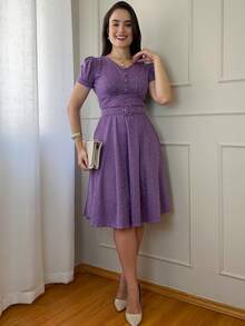 Women's Midi Dress, Flared, Elegant Knit Fabric, Buttons Down The Front, With Belt, Suitable For Formal And Evening Wear. - 紫丁香色 - 查看 5