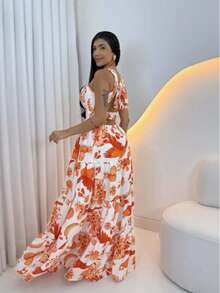 Women's Long Dress With Butterfly Knot - 橙色印記 - 查看 2