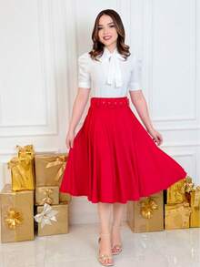 Midi Skirt With Belt, Flared, For Evangelical Women. - 紅色 - 查看 1