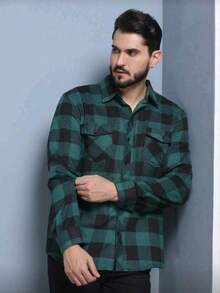 Men's Long-Sleeved Plaid Flannel Dress Shirt, Regular Fit, Buttons Down The Front, With Pocket. - 綠色 - 查看 1