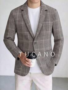Men's Plaid Business Jacket, Single-Breasted Design With Embedded Lapel, Slim Fit, Suitable For Office Meetings, Commuting, Essential Item To Upgrade Business Casual Attire - Camel - View 1