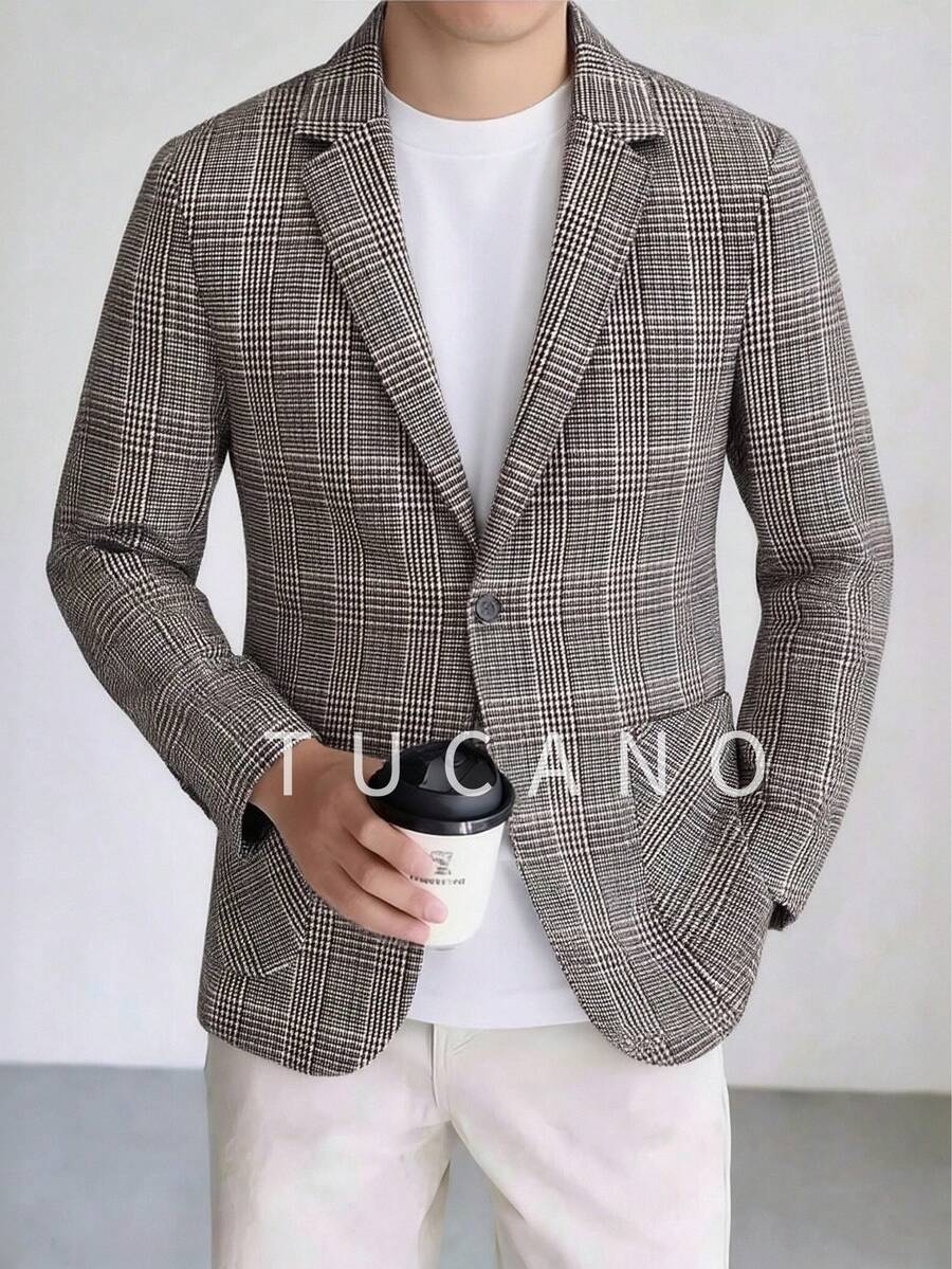 Men's Plaid Business Jacket, Single-Breasted Design With Embedded Lapel, Slim Fit, Suitable For Office Meetings, Commuting, Essential Item To Upgrade Business Casual Attire - Camel - View 1