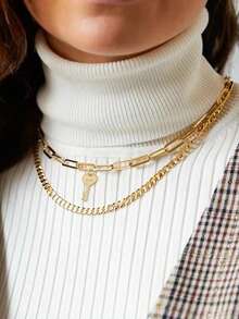 Nooxian 2件套金色金属粗链方形回形针吊坠叠戴项链套装，适合度假和海滩佩戴（链节数量随机） - 金黃色 - 查看 6