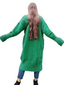 Large Size Sweater Women Loose Long Roll Sleeve Knitted Cardigan Casual Coat - màu xanh lá - Xem 5