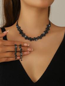 3pcs Women's Jewelry Set: Necklace, Earrings, Elegant And Sophisticated For Party, Bride, Wedding - Black - View 10