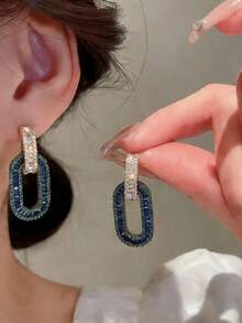 1件优雅浪漫的椭圆形立方氧化锆耳环，女士派对、订婚礼物 - 寶藍色 - 查看 2