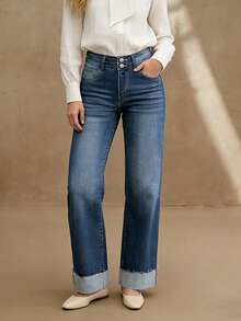 Quần jeans nữ ống đứng, thiết kế cài nút, dáng dài, lựa chọn thanh lịch thường ngày. - Rửa tối - Xem 2