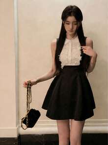Black Lace Collar Sleeveless Dress, Little Black Dress - Black - View 3