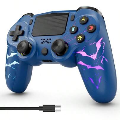 Controller For , LED Controller For Playstation 4 With 5 Light Modes USBC Charging Port Touchpad Dual Motors 6Axis Gyro 3.5mm Audio Jack, BatsShape Light Design Game Control For Blue