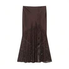 DEEKA Nouvelle jupe en satin à taille mi-haute avec garniture en dentelle, style minimaliste européen et américain, collection printemps/été pour femmes - Tabac - Voir 7