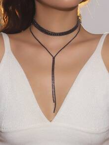 1pc Fashionable Design With Black Full Diamond Multi-Layer Versatile Necklace, Stylish Long Tassel Necklace Design, Including Necklace Suitable For Parties, Evening Parties, Women's Daily Wear, Valentine's Day Gifts, And Weddings - Rhinestone Y Necklace - View 7