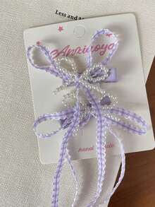 2pcs/Set Girls Sweet Cute Pearl Bow Long Ribbon Hair Clips & Minimalist Duck Clip Hair Accessories - Multicolor - View 8