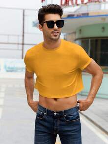 Runcati Mens Cropped Tank Top Short Sleeve Print Cotton Crop T Shirt Hot Shirts - Yellow - View 3