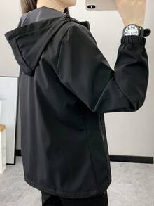 Women's Solid Color Long Sleeve Zipper Front Hooded Loose Soft Shell Jacket Black Spring - Black - View 3