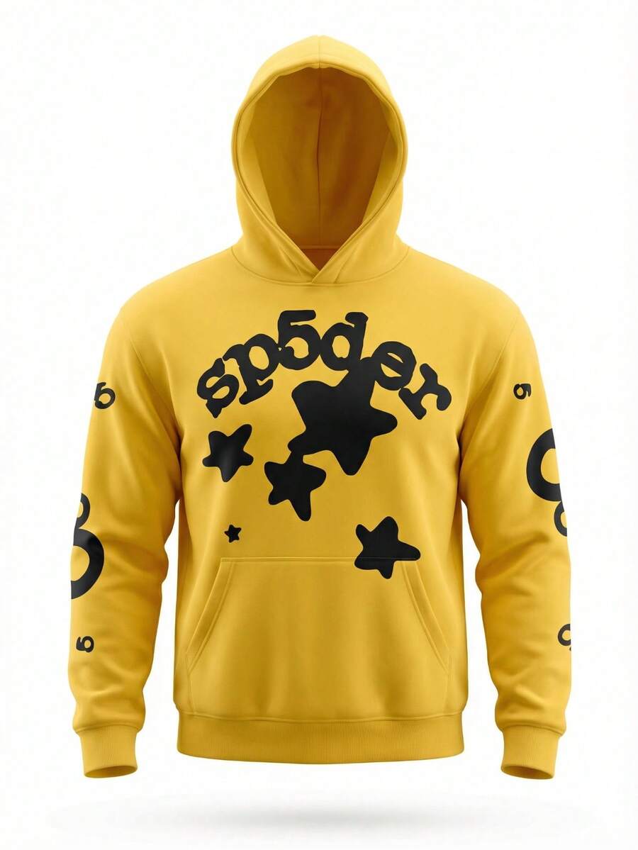 1pcs-Spider Wed Fashion Hip-Hop Printed Flower Hooide European And American Brand Large-Sized Loose Men's And Women's Hooded-280g Pure Heavy 100%Polyester - Yellow - View 1