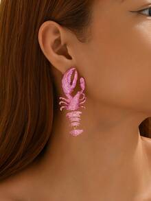 1 Pair Summer Beach Style Exaggerated Ocean Lobster Metal Enamel Earrings, Bohemian Resort Personalized Design Dangle Lobster Earrings Suitable For Women Everyday & Holiday Wear - Pink - View 3