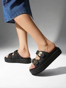 Women's Raffia Espadrilles 1.85-Inch Platform Sandals Comfortable Wedge Sandals Adjustable Buckle Cute Slide Beach Vacation Summer Shoes - Black - View 3
