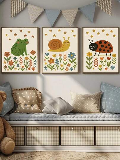 1pc Canvas Wall Art - Baby Goods – Whimsical Insect-Themed Nursery Decor Featuring Frogs, Snails, And Ladybugs, Accented With Flowers And Stars. Adorable And Perfect For Toddler Or Baby Rooms. - Framed Nursery Wall Art - Ideal For Playroom Decor Nursery Decor, Childcare Room Decor, Kindergarten Decor Boy's Room Decor Girl's Bedroom Decor Children's Room Decor