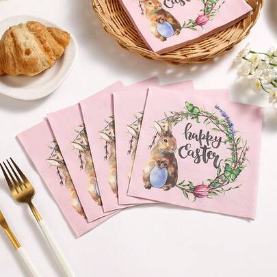 33*33cm 20pcs/Pack Double Layer Easter Bunny & Egg Print Napkins, Suitable For Easter Party Decoration