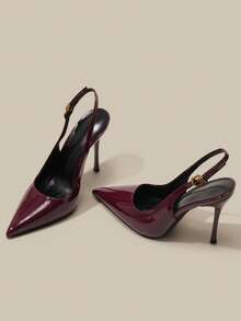 10.5厘米尖头高跟女鞋，优雅细高跟，金属装饰踝带，性感酒红色PU皮鞋，舒适百搭，适合日常、派对、情人节约会、春节、办公通勤等场合。 - 酒紅色 - 查看 5