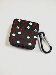 Vintage Red Cherry & White Floral Pattern Black Square Matte Apple Bluetooth Earphone Protective Case, Comes With 1 Black Carabiner For Easy Carrying, Precise Cutouts For Charging And Access, Suitable For Commuting, Campus And As A Small Gift For Girlfriend/Best Friend - Black - View 14