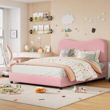 2,103 Cama Queen, Estructura de Cama Queen con Cabecera Bouclé de Estructura Metálica Resistente, Cama Full Size Tapizada en Terciopelo, Diseño de Perfil Bajo, Soporte de Lamas de Madera, Fácil Montaje Rosa - Rosa - Ver 4