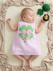 Toddler Girl St Patricks Dress Infant Baby Irish Outfit Spring Clothes Sleeveless Tank Dresses Seersucker Stripe Clover Bow Sundress - Pink - View 1