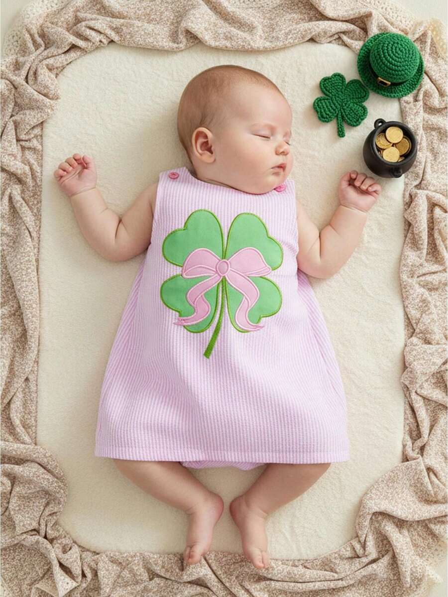Toddler Girl St Patricks Dress Infant Baby Irish Outfit Spring Clothes Sleeveless Tank Dresses Seersucker Stripe Clover Bow Sundress - Pink - View 1