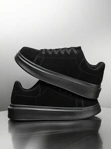 Men's Simple Solid Color Patchwork Lace-Up Casual Sneakers, Comfortable Daily Outdoor Commute Versatile Plus Size Couple Shoes - Black - View 6