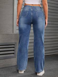 Plus-Size Women's Light Blue Cartoon Embroidered High-Waist Flared Jeans, Fun Cartoon Embroidery, Autumn And Winter Cartoon Prints, High-Waist Slimming, Fun Star Cat Patterns, Casual Star Cat Print Clean Pants - 中等水洗藍 - 查看 2