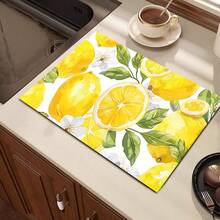 1pc Lemon Pattern Diatomaceous Earth Absorbent Drying Mat, Kitchen Countertop Drain Mat, Coffee Machine Mat, Pour Over Coffee Pot Mat, Bowl Dish Cup Drying Mat, Non-Slip Backing Heat-Resistant Kitchen Mat, Dining Table Mat, Breakfast Mat, Washing Machine Mat, Home Kitchen Dining Table Coffee Shop Bar Decor Mat, Holiday Party Housewarming Gift - Multicolor - View 6
