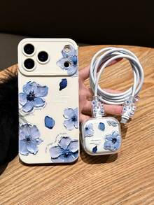 4-In-1 Set (1 White Angel Eye Shockproof Phone Case + 1 Transparent UK 20W Apple Charger Protector + 2 Transparent Cable Anti-Break Clips) With UV Printed Blue Flower & Slogan Pattern, Compatible With UK Standard 20W Chargers Compatible With IPhone 17/17Pro/17ProMax/Air/16/16Pro/16ProMax/16Plus/7/8/7P/8P/X/XS/XR/XSMax/11/11Pro/11ProMax/12/12Pro/12ProMax/12MINI/13/13Pro/13ProMax/13MINI/14/14Pro/14Plus/14ProMax/15/15Pro/15Plus/15ProMax - Multicolor - View 1