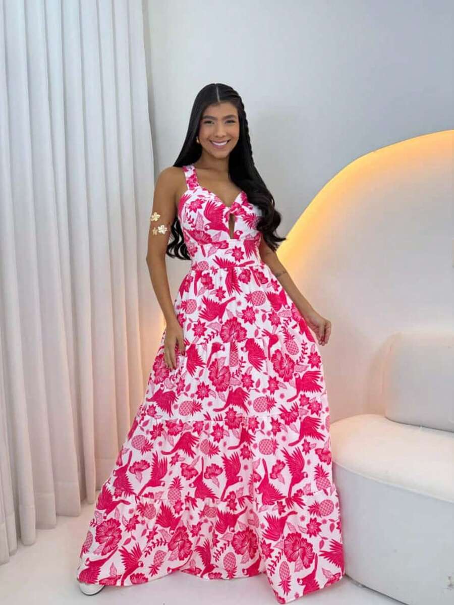 Women's Long Dress With Butterfly Knot - 粉紅印記 - 查看 1