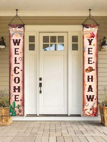 2 Stück/Set Cowboy Thema Türbanner, Willkommen Veranda Banner Wilder Westen Cowboy Party Dekorationen, Yee Haw braunes Cowboy Hut Muster Polyester Hängebanner für Geburtstage, Westernkulisse Cowboy Hängedekoration, Hintergrundstoff perfekte Dekoration Geburtstagsparty, Geburtstagsparty Raumwanddekoration, Fotobox Requisiten, Feiertags Dekoration, Outdoor Dekoration, Hängedekoration, Party Geschenke