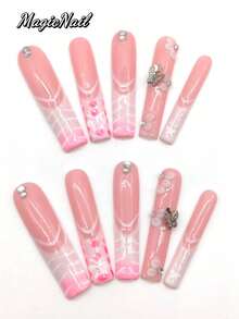 10 Pieces Of Pure Hand-Pressed Wearing Nails, 55mm Long Nails, Flesh Pink Nails, White Lines, Three-Dimensional Raised White Flowers, 3D Butterfly Accessories, Pink Gradient, White Hand-Painted Butterfly Patterns. Cute Nail Film. - Multicolor - View 2