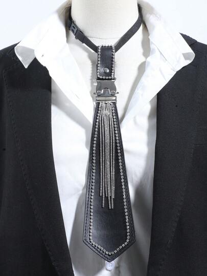 1pc Unisex Fashion Rhinestone Tassel PU Leather Bolo Tie, Suitable For Denim, Punk Style Outfits And Performances