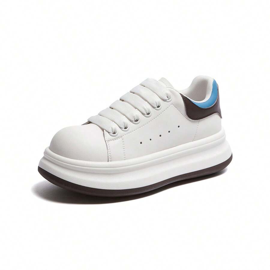 CAMEL CROWN 女士休闲板鞋，四季春夏秋冬厚底千层鞋休闲运动增高简约百层板鞋小白鞋 - 白/卡/藍 - 查看 1