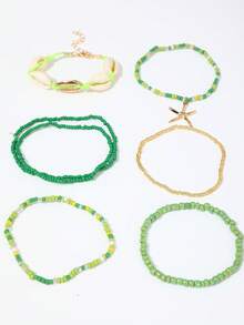 Set de 7 piezas de pulsera de estilo bohemio con concha y cuentas, con colgante de estrella de mar (colores de cuentas surtidos) - Verde - Ver 4