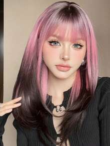 [Popular Choice] 20-Inch Long Straight Pink Gradient Black Wig With Bangs, Synthetic Women's Hair For Daily Use, Parties, Cosplay, Music Festivals, Halloween, And Christmas - Ombre - View 1