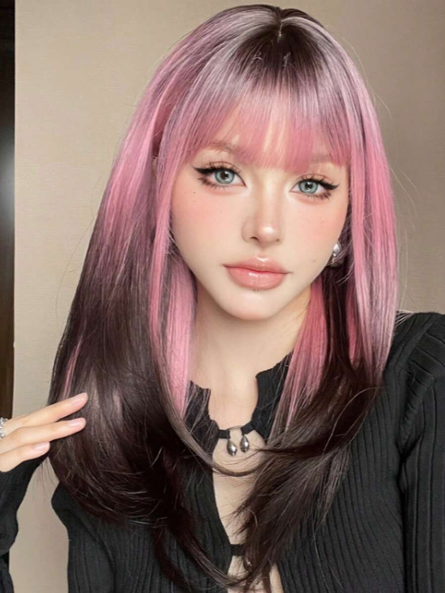 [Popular Choice] 20-Inch Long Straight Pink Gradient Black Wig With Bangs, Synthetic Women's Hair For Daily Use, Parties, Cosplay, Music Festivals, Halloween, And Christmas - Ombre - View 1