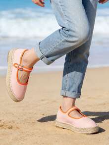 Women's Mary Jane Espadrilles Closed Square Toe Woven Platform Canvas Ballet Flats Shoes - Hồng - Xem 2