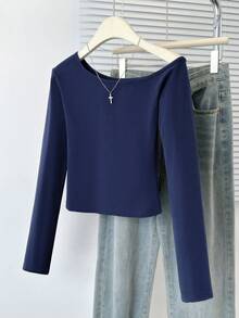 性感露肩修身长袖露脐上衣 - 藏蓝色 - 查看 6