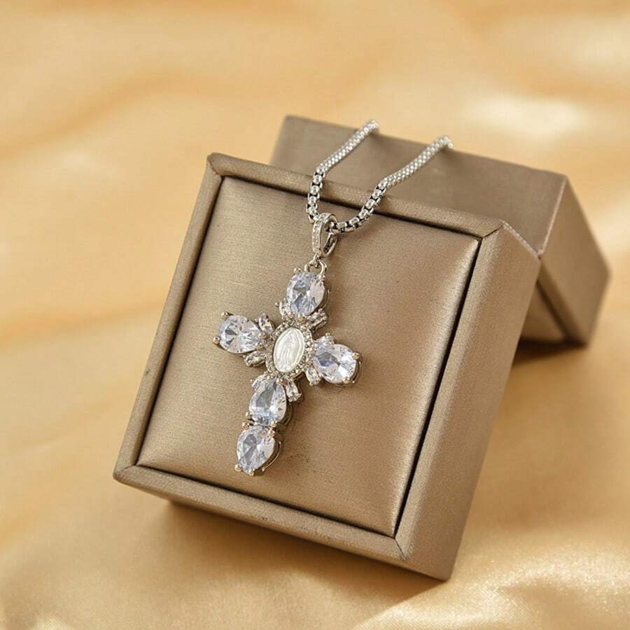 Fashionable Best-Selling White Zirconia Cross Pendant Necklace With Exquisite And Niche Design - Silver - View 1