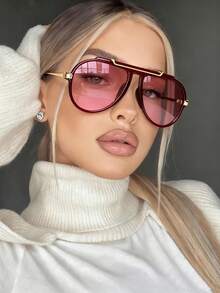 1 Stück Oversized Pilotenbrille mit Einzelsteg, Retro-Quadratische Brille im europäischen und amerikanischen Stil, geeignet für Sommer, Strand, Straßenmode, alle Jahreszeiten - Rot - Übersicht 1