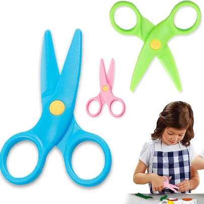 Tijeras de para niños, tijeras de plástico mini para niños de 3+ años, diseño a prueba de cortes y puntas, perfectas para manualidades, útiles escolares y juguetes para niños pequeños