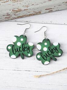 2Pcs St. Patrick's Day Retro Green Shamrock Mini Pendant Earrings, St. Patrick's Day Wooden Double-Sided Earrings Gift For Women Lucky Jewelry - Green - View 3