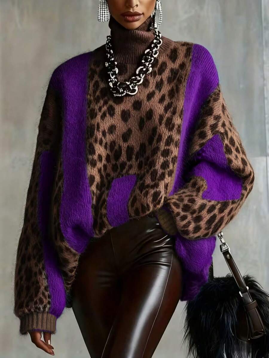 Áo len cổ cao dáng rộng in họa tiết da báo dành cho nữ mùa thu/đông, chất liệu polyester dày dặn, kiểu dáng thường ngày.