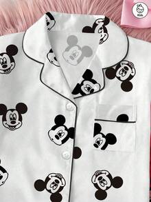 Disney Tween Girls Mickey Mouse Series Cartoon Print 2-Piece Set, Cute Casual Versatile Short Sleeve Elastic Waist Shorts Pajama Set For Tween Girls Silk-Like Soft Breathable Fabric, Suitable For All Seasons Loungewear - White - View 4