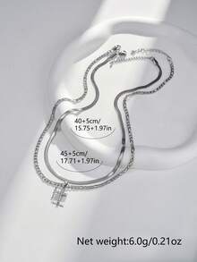 2pcs/Set Fashion Stainless Steel Blade Chain & Basic Chain Necklace Set With Rhinestone Cross Pendant For Women - Silver - View 5